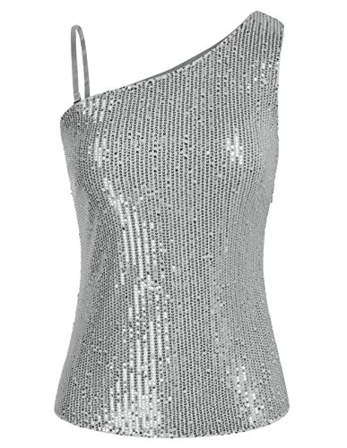 GRACE KARIN Damen Asymmetrische Schulter Tops Pailletten Casual Glänzende Party Camisole Silber M von GRACE KARIN