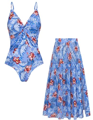 GRACE KARIN Damen Badeanzug Set Einteilige Badeanzug Monokini Straps Strandbadeanzug Zweiteiliger Badeanzug mit V Ausschnitt Blau rote Blume XXL von GRACE KARIN