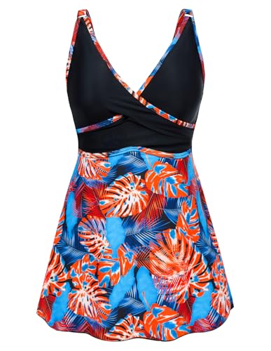 GRACE KARIN Damen Badeanzug Tankini Set Zweiteiler Badeanzug Tankini mit Badeshorts Beachwear Sportlich Badeanzugkleid M Blau-Orange Blume CL2697S24-03 von GRACE KARIN