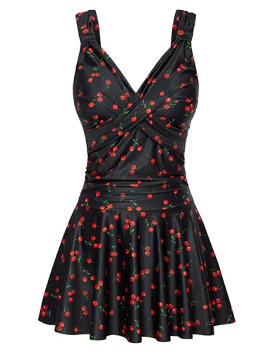 GRACE KARIN Damen Badekleider Einteiliger Bauchweg Badeanzug Blumen Muster Baderkleid Push Up Swimwear Schwarz-kleine Kirsche S von GRACE KARIN