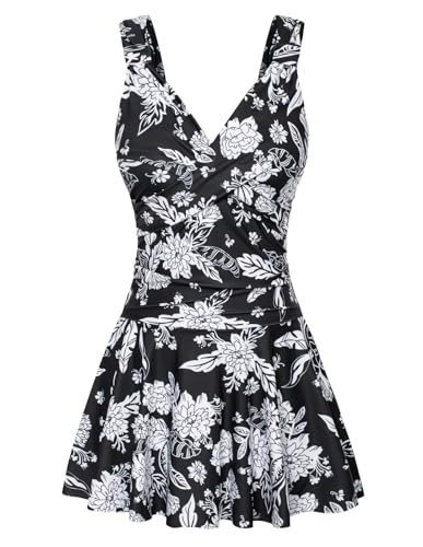 GRACE KARIN Damen Badekleider Einteiliger Bauchweg Badeanzug Blumen Muster Baderkleid Push Up Swimwear Schwarz-weiße Blumen S von GRACE KARIN