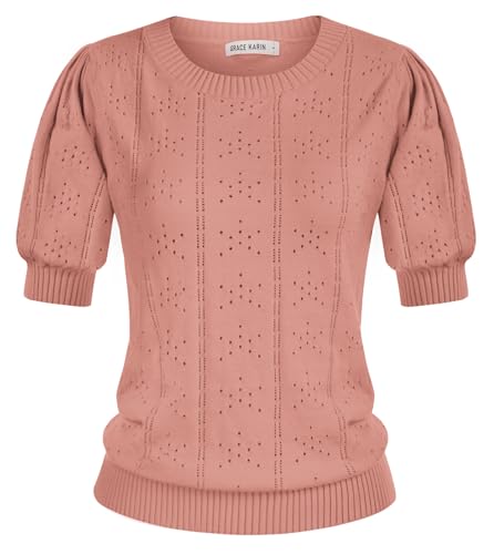 GRACE KARIN Damen Basic Bluse Causal Graurosa Pullover Strickpullover elegant Kurzarm Sweater CL2113-13 XL von GRACE KARIN