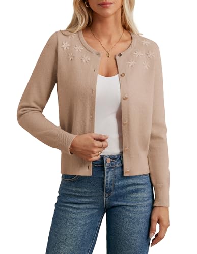GRACE KARIN Damen Basic Cardigan Langarm Rundhals Button Down Freizeit Kurz Strickjacke Helles Khaki M von GRACE KARIN