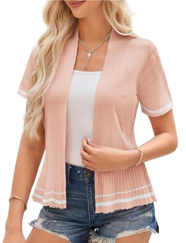 GRACE KARIN Damen Basic Kurze Strickjacke Leichte Bequeme Cardigan Open Front Bolero Sommer Urlaub Oberteile für Kleid Rosa weiß L von GRACE KARIN