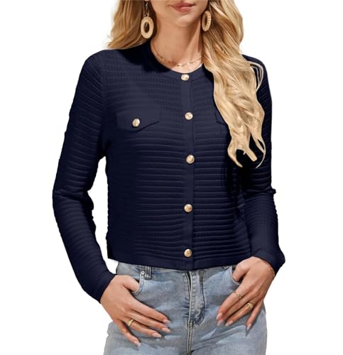 GRACE KARIN Damen Basic Langarm Frühling-Jacke Weiche Gestrickt Cardigan Vintage 2024 Open Front Strickjacke Festliche Party Oberteile für Kleid Dunkelblau S von GRACE KARIN