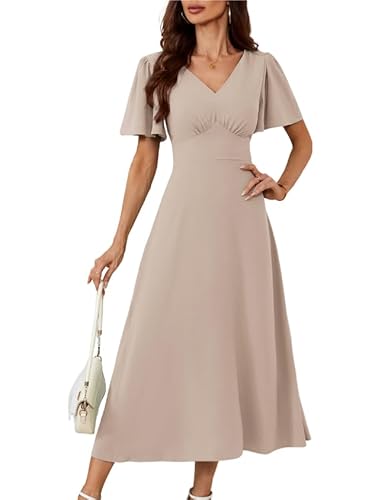 GRACE KARIN Damen Basic Sommerkleid mit Cape Ärmel Sommer Boho Wickelkleid Strandkleid Casual Elegant Strandkleid Aprikose XL von GRACE KARIN
