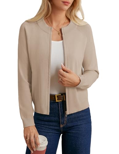 GRACE KARIN Damen Basic Sport-Cardigan Einfarbige Retro Reißverschluss Strickjacke Bequeme Gestrickte Jacke Herbst Winter Oberbekleidung Khaki S von GRACE KARIN