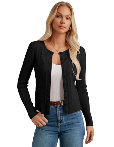 GRACE KARIN Damen Basic Strickjacke Casual Kurz Cardigan Langarm Button Down Rundhals Cardigan Schwarz S von GRACE KARIN