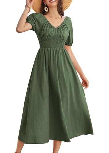 GRACE KARIN Damen Baumwolle Einfarbige Sommerkleid Lässige Freizeitkleid Retro Viktorianisches Maxi Kleid mit Kurz Puffärmel Kleid Grün M von GRACE KARIN