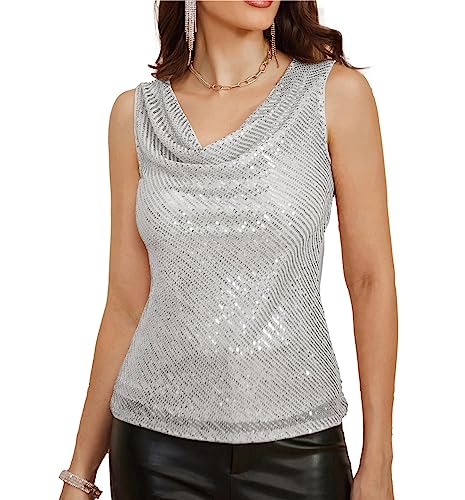 GRACE KARIN Damen Bequemes Oberteil mit V-Ausschnitt Modisches Ärmelloses Sexy Glänzendes Pailletten Sequin Tank Top Silber Weiß XL von GRACE KARIN