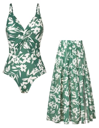 GRACE KARIN Damen Bikini Oberteil Blumenmuster Figurformend Badeanzug Wickelrock Set Aprikose-farbige Blumen S von GRACE KARIN