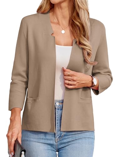 GRACE KARIN Strickjacke Damen Sommer Kurze Dünne Open Front Blazer Sommerjacke Damen Mit Taschen Khaki XXL von GRACE KARIN