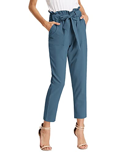 GRACE KARIN Damen Papiertasche Taille Hose Slim Fit Casual Büro Bleistift Hose, Blue Haze (blau), Groß von GRACE KARIN