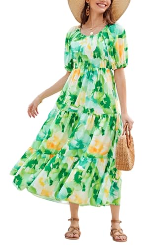 GRACE KARIN Damen Blumen-Strandkleid lockere Passform böhmisches Sommerkleid mit hoher Taille grüne Blume M von GRACE KARIN