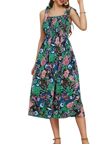 GRACE KARIN Damen Blumenkleid Ärmellos Freizeitkleid Causal A-Linie Spaghetti Trägerkleid Rosa Blumen Grün Blätter M von GRACE KARIN