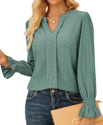 GRACE KARIN Damen Bluse 2025 Langarm Henley V-Ausschnitt Oberteile Tunika Tops Graugrün XXL von GRACE KARIN