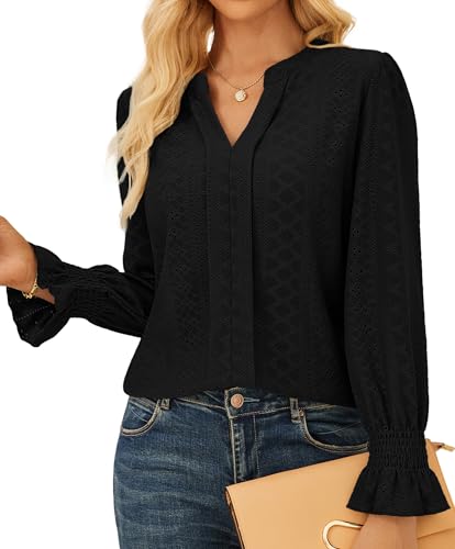 GRACE KARIN Damen Bluse 2025 Langarm Henley V-Ausschnitt Oberteile Tunika Tops Schwarz S von GRACE KARIN
