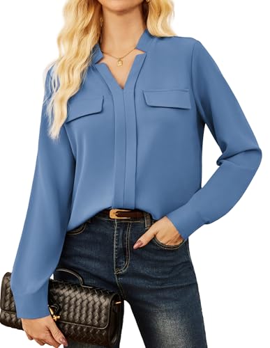 GRACE KARIN Damen Bluse Blaue Langarm Bürobluse Formelle Hemden Arbeitsoberteile Graublau M von GRACE KARIN