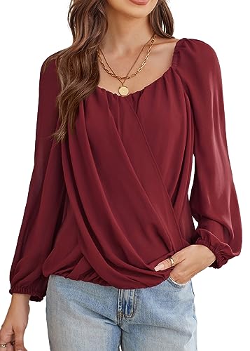 GRACE KARIN Damen Bluse Lässig Tunika Tops mit Falten Langarm Oberteil, Farbe: Weinrot, Größe: S von GRACE KARIN