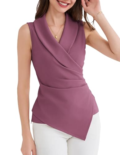 GRACE KARIN Damen Bluse Sommer Ärmellos V-Ausschnitt Tank Top Elegant Büro Business Outfit Wickelbluse Casual Dunkelrosa L von GRACE KARIN