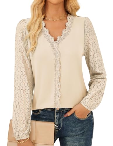 GRACE KARIN Damen Bluse V-Ausschnitt Langarm Pullover Oberteil Spitzenärmel Kontrastgewebe Elegant Casual Tops CL0065-03/Aprikose S von GRACE KARIN