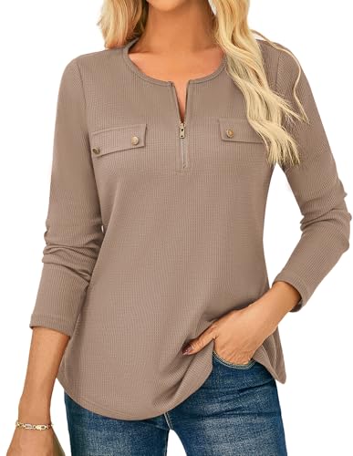 GRACE KARIN Damen Bluse Waffel Herbst Winter Rundhals Zip-up Langarm Oberteile Damen Business Outfit Khaki L von GRACE KARIN