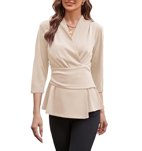 GRACE KARIN Damen Bluse Weiß V-Ausschnitt Elegant Tops 3/4 Ärmel Wickelbluse Slim Fit Business Outfit Aprikose L von GRACE KARIN