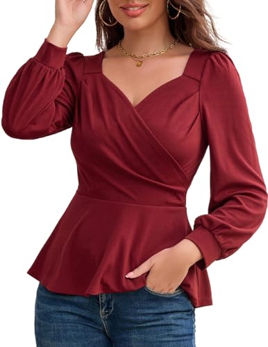 GRACE KARIN Damen-Bluse mit Puffärmeln, Schößchen, elegant, V-Ausschnitt, ausgestellt, schmale Passform, Weinrot, Mittel von GRACE KARIN
