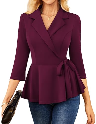 GRACE KARIN Damen Blusen V-Ausschnitt Reißverschluss Wickelbluse Business Outfit CL340-02/Weinrot XXL von GRACE KARIN