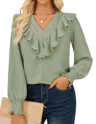 Damen-Blusen weiche leichte lässige lockere Passform Oberteile mit Rüschen Graugrün S von GRACE KARIN