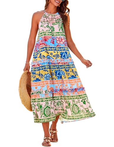 GRACE KARIN Damen Boho Kleid Neckholder Strandkleid Urlaub Kleid Maxikleid Folk Bunte Drucke L von GRACE KARIN