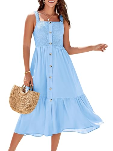 GRACE KARIN Damen Boho Kleid Elastischer Träger Knopfleiste Front Slit Smocked A Line Midi Mutterschaft Baby Shower Kleid mit Taschen Hellblau XL von GRACE KARIN