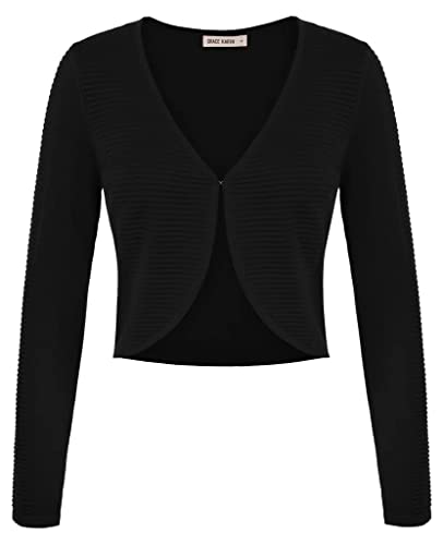 GRACE KARIN Damen Bolero Vintage Retro Bolero Lang Ärmel Freizeit Lässig Alltag Cardigan Schwarz XXL von GRACE KARIN