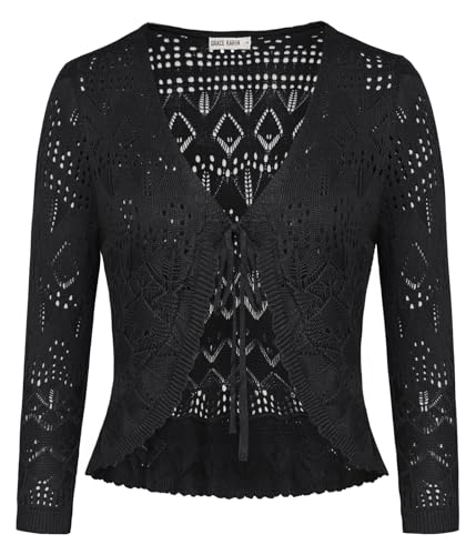 GRACE KARIN Damen Bolero für Kleider Tops 3/4 Ärmel V-Ausschnitt Strickjacke Leichter Casual Cardigan Kurz Shrug Tie-Front Knitwear 2XL Schwarz CL2952S24-01 von GRACE KARIN