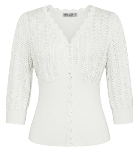 GRACE KARIN Damen Bolerojacke mit V-Ausschnitt Festliche Vintage Cardigan Sommer Büro Moderner Oberteil Dünner Damen Strick M -02 Weiß von GRACE KARIN