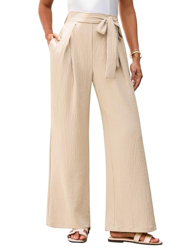 GRACE KARIN Damen Business Büro Hose Verstellbare Krawatte Lockere Weit Fließend Hose Breites Bein Pants mit Taschen Beige S von GRACE KARIN