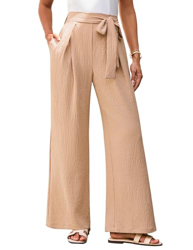 GRACE KARIN Damen Business Büro Hose Verstellbare Krawatte Lockere Weit Fließend Hose Breites Bein Pants mit Taschen Khaki S von GRACE KARIN