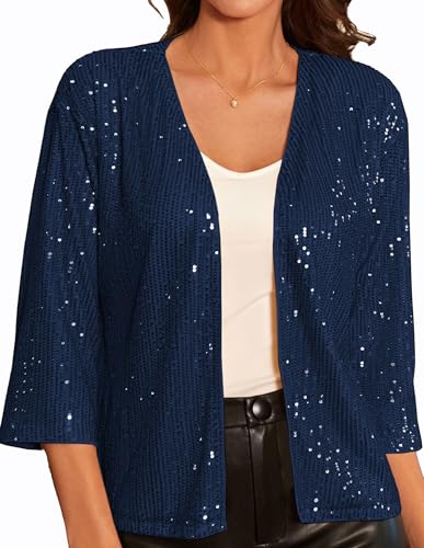 GRACE KARIN Damen Business Casual Cropped Pailletten-Cardiganjacke Offene Pailletten-Cardigan 3/4 Ärmel kurz Leicht Jacke Mantel Strickjacke Cardigan L Marineblau von GRACE KARIN