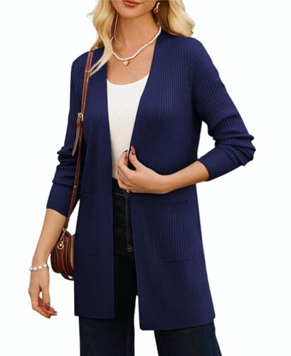 GRACE KARIN Damen Business Casual Strickjacke Mittellange Herbst Winter Cardigan Outdoor Warme Strickmantel Dunkelblau XL von GRACE KARIN