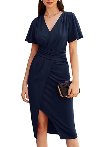 GRACE KARIN Damen Business Wickelkleid Kurzarm Rüschen Elegante Abschlusskleider Slim Fitted Bodycon V-Ausschnitt Büro Kleid Navy blau M von GRACE KARIN