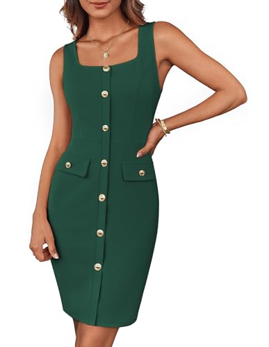 GRACE KARIN Damen Business Work Kleid ärmellos Knöpfe Gürtel Kleid mit quadratischem Ausschnitt Bodycon Midikleid Dunkelgrün XXL von GRACE KARIN