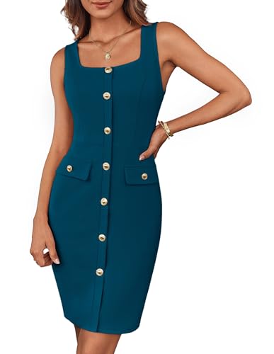GRACE KARIN Damen Businesskleider Einteiler Mini Bleistiftkleider Ärmellos Quadratischer Ausschnitt Gürtel Knopf Verzierte Hüftkleider Bürokleider Party Cocktailkleider Pfauenblau XL von GRACE KARIN