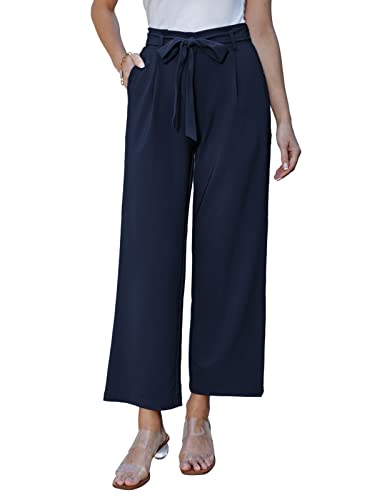 GRACE KARIN Damen Bussiness Casual Hose mit geradem Bein Elastische Taille Freizeit Sommer Hosen Navy Blau L von GRACE KARIN