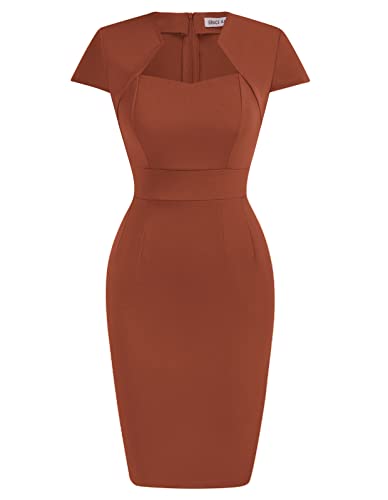GRACE KARIN Damen Cap-Ärmel Vintage Wiggle Kleid Bodycon, Caramel, Medium von GRACE KARIN