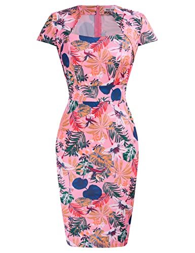 GRACE KARIN Damen Cap-Ärmel Vintage Wiggle Kleid Bodycon, Tropische Blume, XX-Large von GRACE KARIN