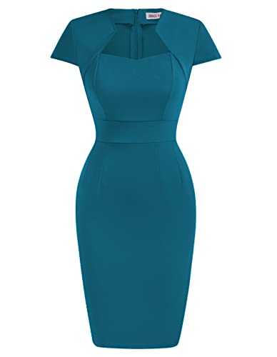GRACE KARIN Damen Cap-Ärmel Vintage Wiggle Kleid Bodycon, blau - Peacock Blue, Medium von GRACE KARIN