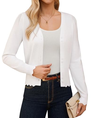 Strickjacke Damen Kurz Lässig Langarm Offen Front Cardigan Hochzeitsgäste Party Boleros CL273-02/Weiß L von GRACE KARIN