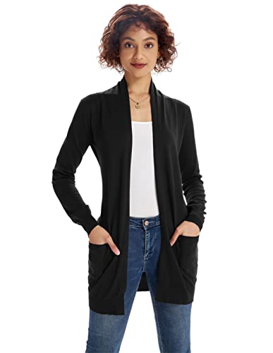 GRACE KARIN Damen Cardigan Lang Strickjacke Langarm High Stretchy Casual Offene Strickjacke mit Taschen M Schwarz von GRACE KARIN