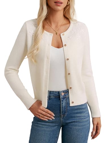 GRACE KARIN Damen Cardigan Langarm Rundhals Button Down Freizeit Kurz Strickjacke Elfenbeinfarben L von GRACE KARIN