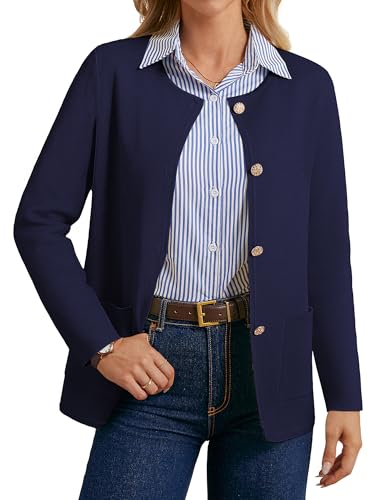 GRACE KARIN Damen Cardigan Langarm Rundhalsausschnitt Button Down Freizeit Strickjacke Herbst Marine L von GRACE KARIN